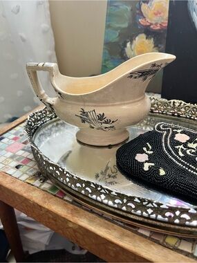 Antique Cream Ceramic Gravy Boat with Black Floral Motif by C&S
